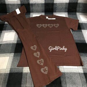 VS PINK FLARE LEGGINGS & CAMPUS TEE IN VALENTINE’S DAY BLING HEART LOGO XS & S
